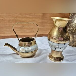 Vintage Brass Teapot & Vase with Mother of Pearl White Abalone Inlay Gold Decor